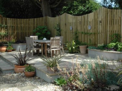 fenced garden with seating area